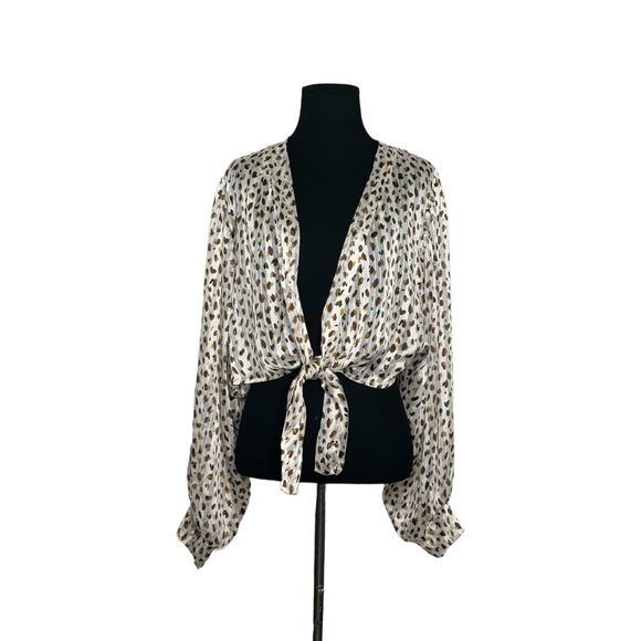 Saints & Hearts Cream brown print wrap front tie sleeves blouse size Medium - Picture 12 of 15